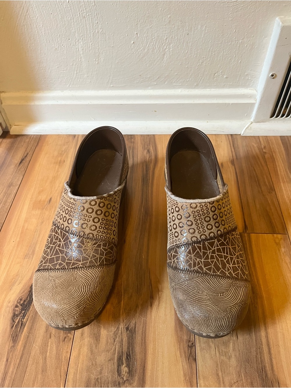 Sanita Leather Slip-On Clogs in Patterned Brown